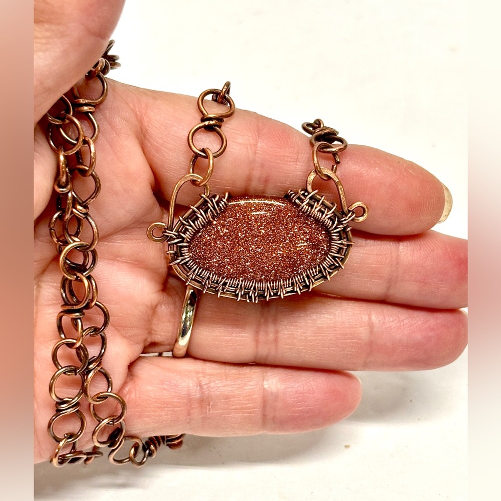 HAND CRAFTED Goldstone Wire Wrapped Copper Statement Necklace, Handmade Jewelry
